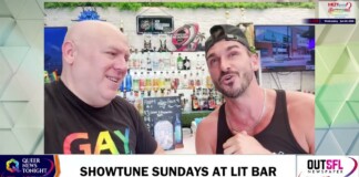 Two men sit at a bar counter laughing, with shelves of liquor behind them; bottom caption reads 'SHOWTUNE SUNDAYS AT LIT BAR'.