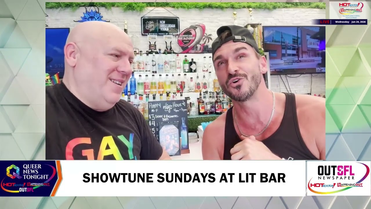 Two men sit at a bar counter laughing, with shelves of liquor behind them; bottom caption reads 'SHOWTUNE SUNDAYS AT LIT BAR'.