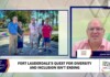 Television news split-screen: outdoor press conference on the left with five people at a podium, and a studio anchor in a pink shirt on the right.