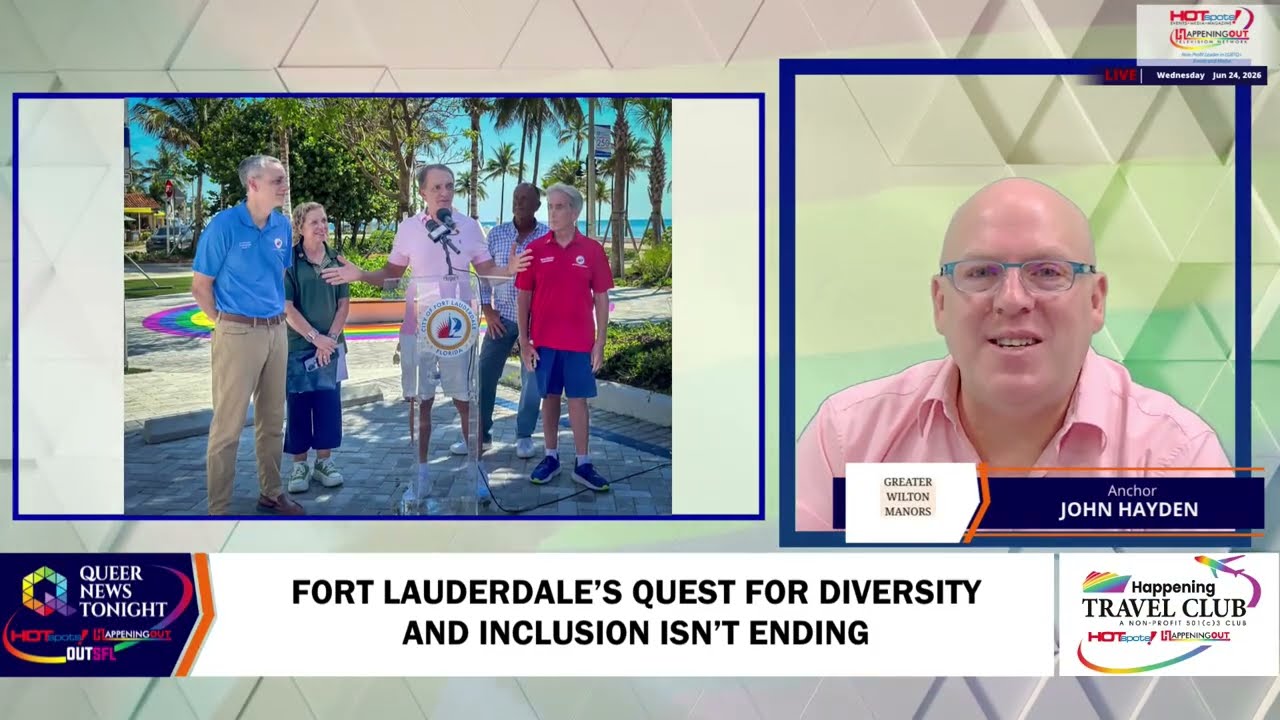 FORT LAUDERDALE’S QUEST FOR DIVERSITY AND INCLUSION ISN’T ENDING Television news split-screen: outdoor press conference on the left with five people at a podium, and a studio anchor in a pink shirt on the right.