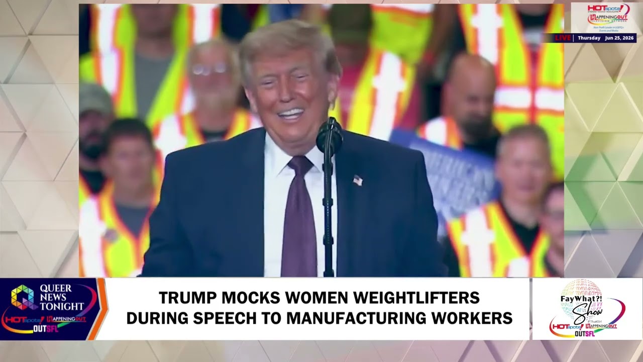 Trump Mocks Women Weightlifters During Speech To Manufacturing Workers Donald Trump at a microphone, smiling, speaking to a crowd of workers in high‑visibility vests; on-screen headline reads 'TRUMP MOCKS WOMEN WEIGHTLIFTERS DURING SPEECH TO MANUFACTURING WORKERS'