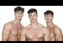 Three shirtless men with athletic builds posing against a white background.