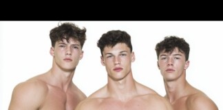 Three shirtless men with athletic builds posing against a white background.