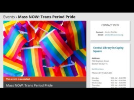 Banner image for Mass NOW: Trans Period Pride showing overlapping rainbow flags; orange strip reads 'This event is canceled'.
