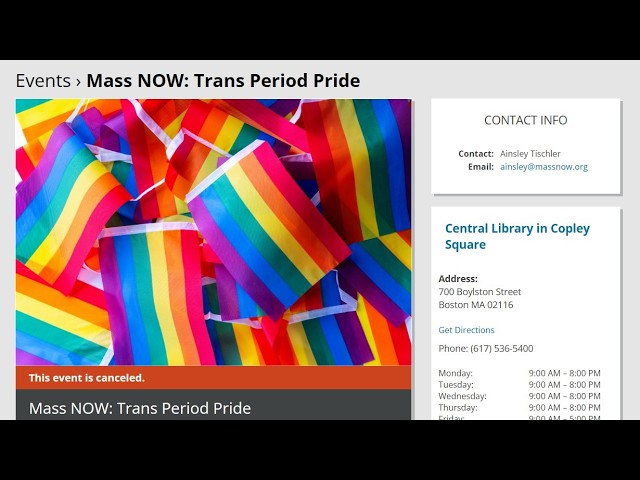 Banner image for Mass NOW: Trans Period Pride showing overlapping rainbow flags; orange strip reads 'This event is canceled'.