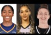 WNBA Stars Join New Queer Basketball Romance Courtside Three smiling women shown in a horizontal triptych portrait, left in a blue jersey, middle with braided hair, right with a bun and black top.