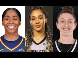 WNBA Stars Join New Queer Basketball Romance Courtside Three smiling women shown in a horizontal triptych portrait, left in a blue jersey, middle with braided hair, right with a bun and black top.