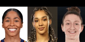 Three smiling women shown in a horizontal triptych portrait, left in a blue jersey, middle with braided hair, right with a bun and black top.