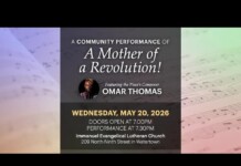 Poster for 'A Mother of a Revolution!' featuring Omar Thomas—May 20, 2026, Immanuel Lutheran Church, Watertown, doors 7:00 PM.