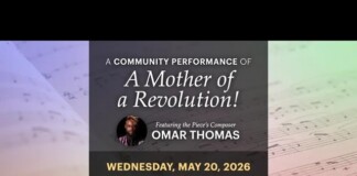 Poster for 'A Mother of a Revolution!' featuring Omar Thomas—May 20, 2026, Immanuel Lutheran Church, Watertown, doors 7:00 PM.
