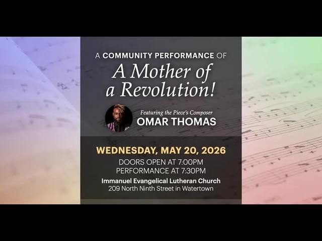 Poster for 'A Mother of a Revolution!' featuring Omar Thomas—May 20, 2026, Immanuel Lutheran Church, Watertown, doors 7:00 PM.