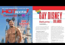 Left: shirtless man wearing Mickey Mouse ears in front of a Disney castle; right: page titled 'Gay Disney Returns to Orlando' with a rainbow heart graphic.