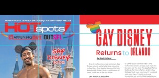 Left: shirtless man wearing Mickey Mouse ears in front of a Disney castle; right: page titled 'Gay Disney Returns to Orlando' with a rainbow heart graphic.