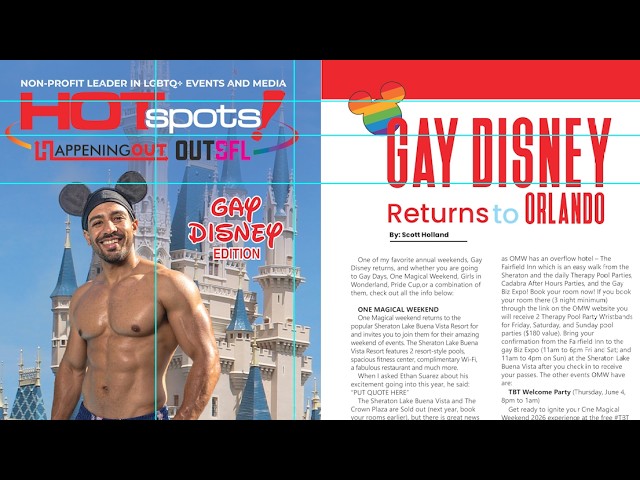 Hotspots Magazine Highlights Gay Disney Weekend As it Brings the Magic Back to Orlando Left: shirtless man wearing Mickey Mouse ears in front of a Disney castle; right: page titled 'Gay Disney Returns to Orlando' with a rainbow heart graphic.