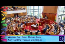 Ghana conference hall with delegates seated in a circular chamber; a speaker at the podium near flags, with a banner stating 'Western Far-Right Groups Back Anti-LGBTQ+ Ghana Conference'