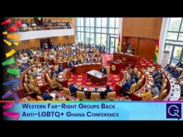 Ghana conference hall with delegates seated in a circular chamber; a speaker at the podium near flags, with a banner stating 'Western Far-Right Groups Back Anti-LGBTQ+ Ghana Conference'
