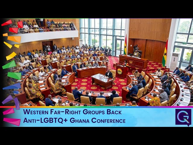 Ghana conference hall with delegates seated in a circular chamber; a speaker at the podium near flags, with a banner stating 'Western Far-Right Groups Back Anti-LGBTQ+ Ghana Conference'