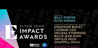 Promotional banner for Elton John Impact Awards featuring hosts Billy Porter and Elvis Duran, list of honorees, logos, and a Monday 6.1 streaming note.