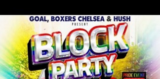 Colorful poster for Block Party Pride event with rainbow letters and a rainbow flag; date Sunday June 28.