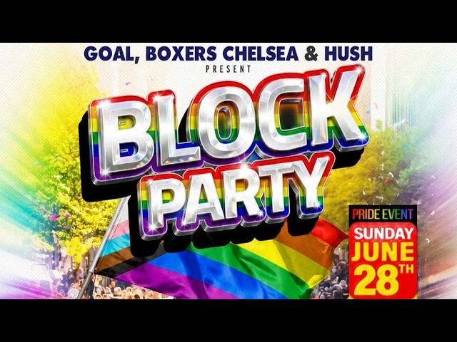 Colorful poster for Block Party Pride event with rainbow letters and a rainbow flag; date Sunday June 28.