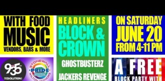 Colorful Pride festival banner highlighting headliners Block & Crown, Ghostbusterz, Jackers Revenge, Tony Zuccaro; June 20, 4–11 PM, Stonewall Pride.