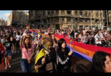 Crowd of diverse marchers at a Pride parade holding rainbow flags along a city street.