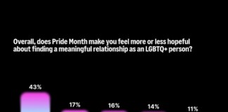 Poll chart answering whether Pride Month changes hope in finding a meaningful LGBTQ+ relationship. 43% say no effect; 17% much more hopeful; 16% slightly more hopeful; 14% slightly less hopeful; 11% much less hopeful.