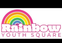Logo: a multicolored rainbow arch above the bold pink word 'Rainbow', with 'YOUTH SQUARE' in pink spaced letters below.