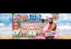 Promotional banner for FlockFest Beach Party with a beach festival setup, crowd, stage, inflatable pink flamingo, and sponsor logos; date July 11.