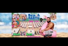 Promotional banner for FlockFest Beach Party with a beach festival setup, crowd, stage, inflatable pink flamingo, and sponsor logos; date July 11.