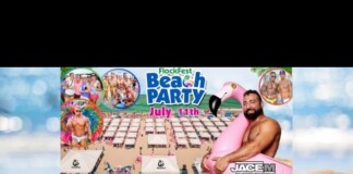 Promotional banner for FlockFest Beach Party with a beach festival setup, crowd, stage, inflatable pink flamingo, and sponsor logos; date July 11.