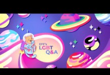 Colorful space-themed banner featuring a cartoon cat in a rocket suit beside planets and the text 'EFF's LGBTQ Q&A'. This describes the promotional graphic and its message, not just visuals.