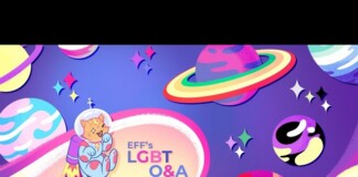 Colorful space-themed banner featuring a cartoon cat in a rocket suit beside planets and the text 'EFF's LGBTQ Q&A'. This describes the promotional graphic and its message, not just visuals.