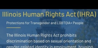 Slide about the Illinois Human Rights Act (IHRA) protecting transgender and LGBTQIA+ people; bans discrimination in employment, housing, credit, public accommodations, health care, and education.