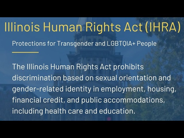 Deerfield Schools Spend Nearly $360K Defending Trans-Inclusive Policies Slide about the Illinois Human Rights Act (IHRA) protecting transgender and LGBTQIA+ people; bans discrimination in employment, housing, credit, public accommodations, health care, and education.