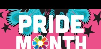 Poster for Pride Month events in South Florida with a bright pink background, bold white 'PRIDE MONTH' text, a colorful flower emblem, and the lines 'LGBTQ+ EVENTS THROUGHOUT SOUTH FLORIDA' and 'SUPPORTED BY OUTSHINE FILM FESTIVAL'