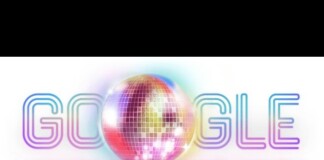 Google logo with a mirrored disco ball as the center O and colorful neon letters surrounding it, like a party-themed Doodle.