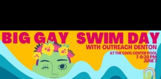 Bright, bold banner reading 'Big Gay Swim Day' advertising an outreach event in Denton at the Civic Center Pool, with colorful waves and a floral face illustration. Registration required; 7–9:30 PM, June 7.