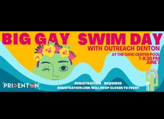 Texas AG Sues Denton Over ‘Big Gay Swim Day’ Pride Event at Public Pool Bright, bold banner reading 'Big Gay Swim Day' advertising an outreach event in Denton at the Civic Center Pool, with colorful waves and a floral face illustration. Registration required; 7–9:30 PM, June 7.