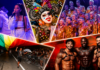 Collage from a Pride festival: singer on stage, a flamboyant drag queen, a large choir, a rainbow flag parade, and three muscular performers.