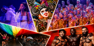 Collage from a Pride festival: singer on stage, a flamboyant drag queen, a large choir, a rainbow flag parade, and three muscular performers.