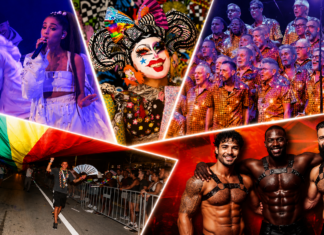 Collage from a Pride festival: singer on stage, a flamboyant drag queen, a large choir, a rainbow flag parade, and three muscular performers.