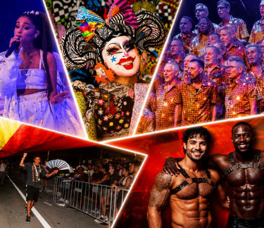Collage from a Pride festival: singer on stage, a flamboyant drag queen, a large choir, a rainbow flag parade, and three muscular performers.