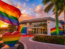 Non-Profit Advocacy: The Pride Center at Equality Park Rainbow flag waves above a rainbow-painted plaza in front of a modern building at sunset for a Pride-themed scene.