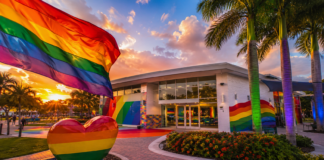 Non-Profit Advocacy: The Pride Center at Equality Park Rainbow flag waves above a rainbow-painted plaza in front of a modern building at sunset for a Pride-themed scene.
