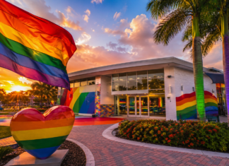 Non-Profit Advocacy: The Pride Center at Equality Park Rainbow flag waves above a rainbow-painted plaza in front of a modern building at sunset for a Pride-themed scene.