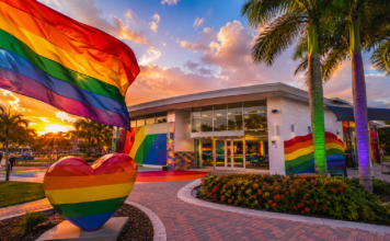 Rainbow flag waves above a rainbow-painted plaza in front of a modern building at sunset for a Pride-themed scene.