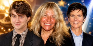 Three smiling adults posing for a group photo at an event, standing close together against a festive background.