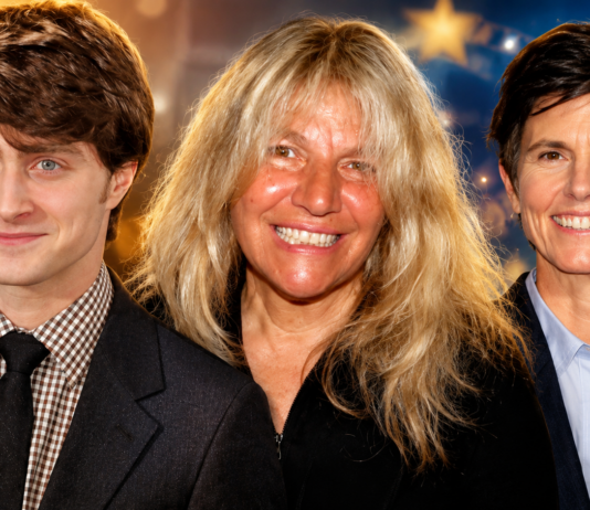 Three smiling adults posing for a group photo at an event, standing close together against a festive background.
