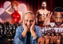 What’s Hot South Florida: July 31 – August 13 Promotional collage for a live show featuring a central host in a blue patterned shirt, a red-dressed drag performer on the left, and a muscular shirtless star on the right, with a full orchestra on the left and a large group of dancers at the bottom against a red curtain.